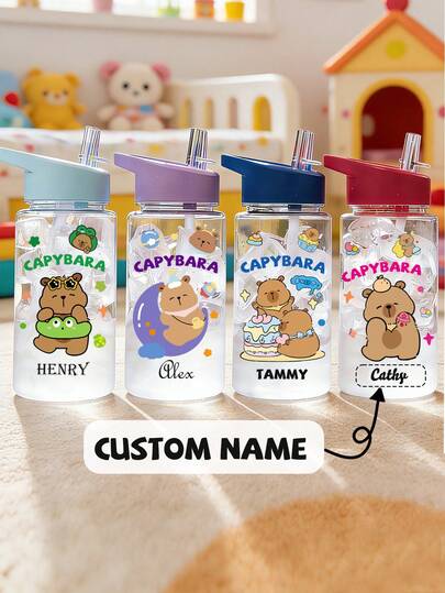 Customizable Name, 500ml Children's Water Bottle, Cute Capybara Straw Cup, Best Gift For Girls And Boys, Outdoor Sports Water Bottle, School Campus Student Cartoon Cup
