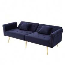 Modern 2-Seater Sofa Bed – Velvet Upholstery, 3-Position Adjustable Backrest & Gold-Plated Metal Feet. Stylish Sofa With Sleeping Function – Space-Saving, Durable, Ideal For Small Rooms. - 藍色 - 查看 11