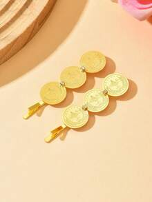 2pcs Gold Coin Shaped Carved Hair Clips, Minimalist Design Bridal Hair Accessories, Suitable For Everyday And Commute,Elegant,Birthday - Gold - View 11