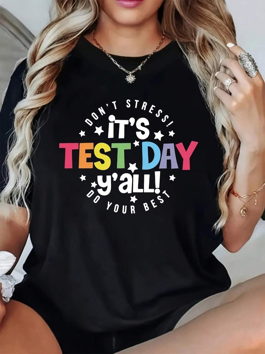 Camiseta con Estampado de Letras Inglesas a para Uso Diario - Negro - Ver 1