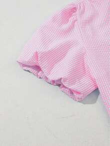 Acelitt Blue & White Striped Puff Sleeve Ruffle Collar Casual Shirt, Summer - Hot Pink - View 7