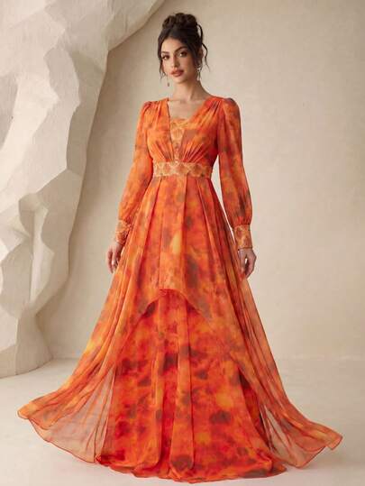 SUPGIR [Random Cut] Square Collar Lantern Sleeve Luxury Sequin Patchwork Decor Multi-Color Chiffon Evening Gown Dress