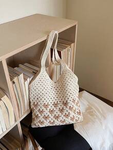 Hollow Woven Heart Crochet Lining Ins Style Shoulder Bag, Minimalist Cotton Crochet Tote Bag Suitable For Commuting, Daily Use, Student, Beach, Vacation - Beige - View 6