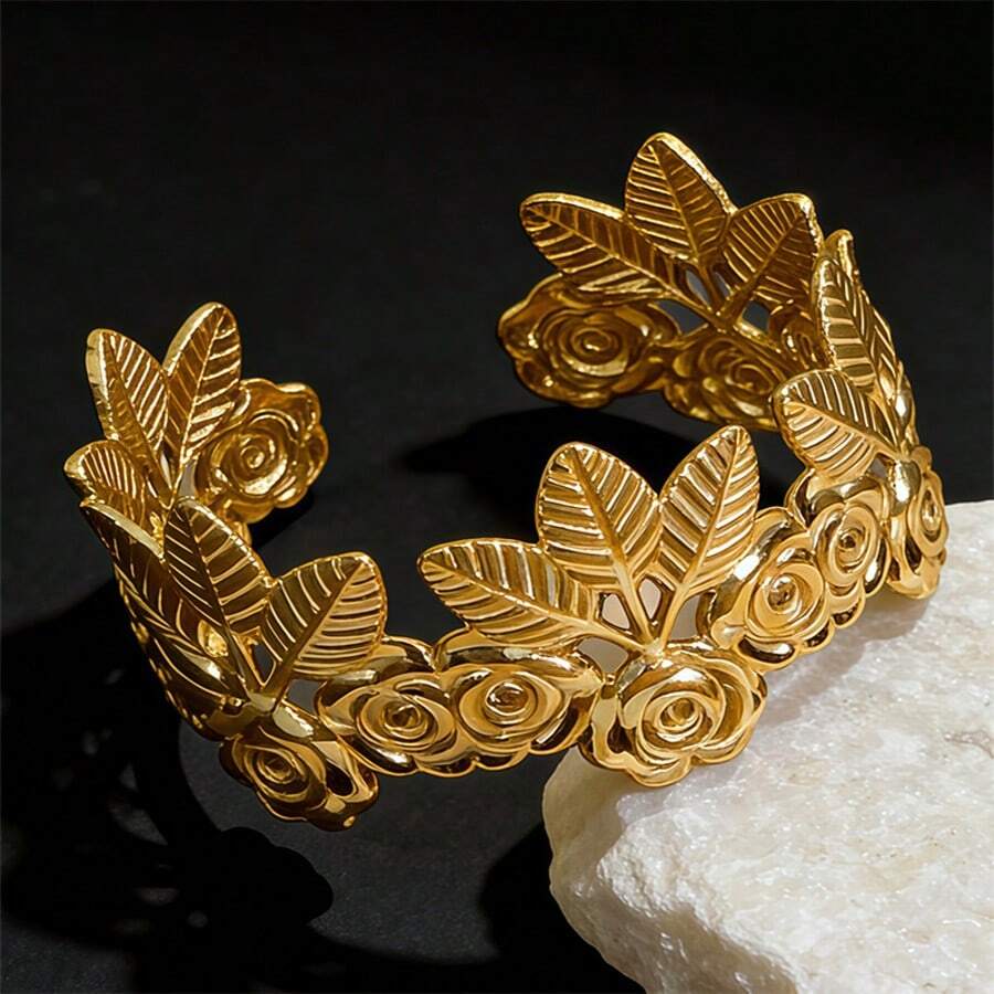 1 pieza Brazalete grande y único con forma de flor exagerada, de acero inoxidable chapado en oro con diseño de flor de ciruelo, camelia y rosa - Rosa - Ver 1