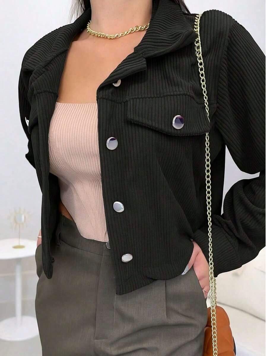 Stylish Casual Women's Corduroy Jacket With Front Buttons And Faux Pockets - Autumn/Winter Fashion - 黑色 - 查看 1