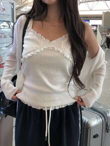 女士波点荷叶边休闲百搭日常上衣 - 白色 - 查看 9