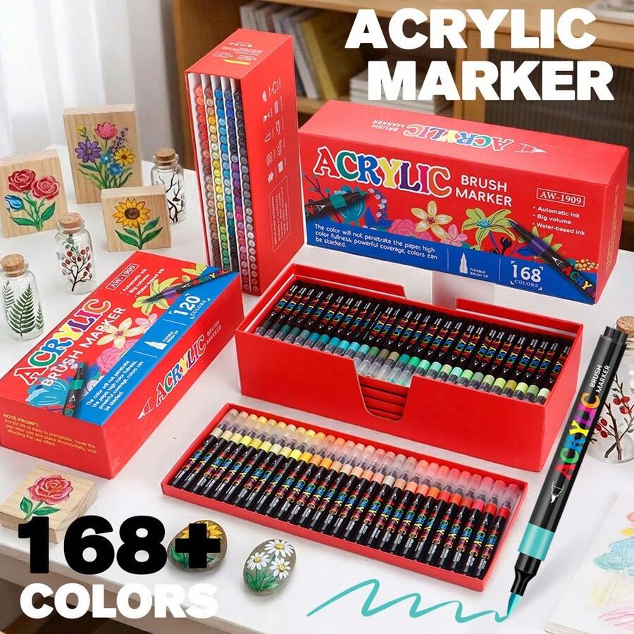 12-168 Colors Professional Acrylic Marker Pens, 1-5mm Soft Brush Tips, Vibrant Colors, Gift Box Packaging, Large Capacity Ink, DIY Planner Brush Pens Set, Back To School Gift For Students And Friends