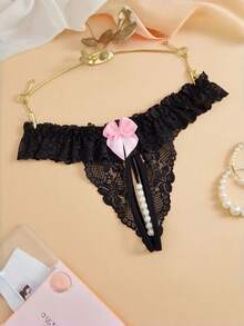 A Pair Of Pearl-Embellished, Open-Crotch Sexy Thongs With A Kawaii Bow And Lace Detailing, Perfect For Valentine's Day. - Black - View 2