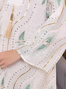 2026 New Style Ramadan Traditional Elegant Embroidered Beaded Abaya Dress, V-Neck Gold Tassel 3/4 Sleeve Maxi Robe - White - View 5