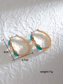 1 Par de Brincos de Argola Elegantes e Vintage com Pedra Oval de Turquesa, Brincos Personalizados da Moda para Uso Diário - Dourado - Visão 3