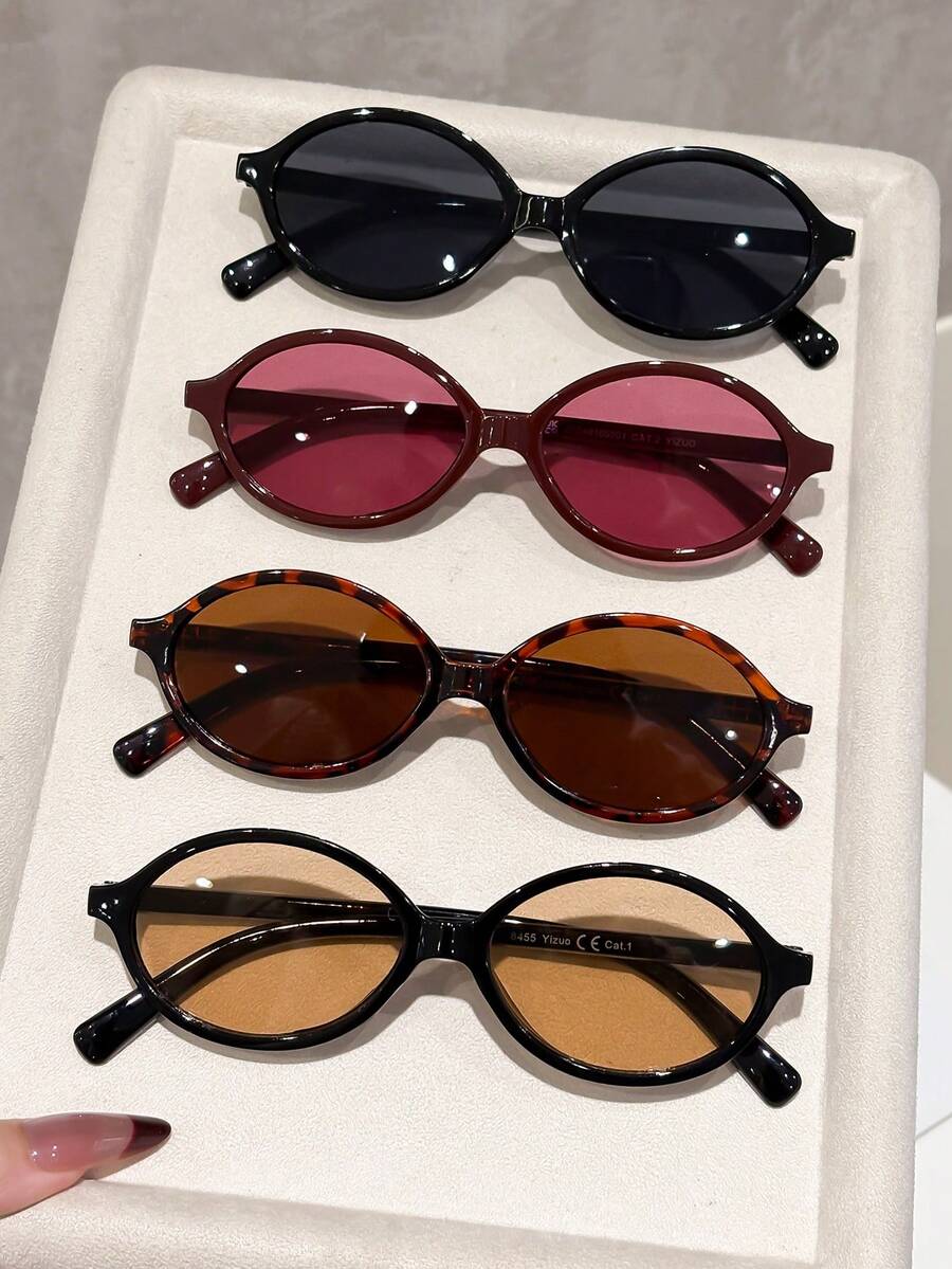 4 piezas Gafas de mujer con marco ovalado de plástico, vintage, elegantes, delicadas, estilo Ins, moda, para la vida diaria, fotos en la calle, vacaciones tropicales en la playa, actividades al aire libre casuales, decoración, adecuadas para todos los tipos de rostro - Multicolor - Ver 1