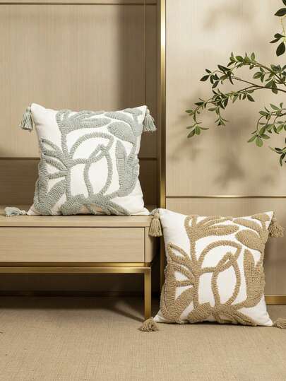 1 peça/2 peças Conjunto de Capa de Almofada Bordada em Veludo com Estampa de Folha, Borla Boêmia, Bordado em Tela, Estilo Nórdico para Quarto, Sofá, Área Externa, Jardim, 45*45cm, Adequado para Todas as Estações (Enchimento de Almofada Não Incluído)