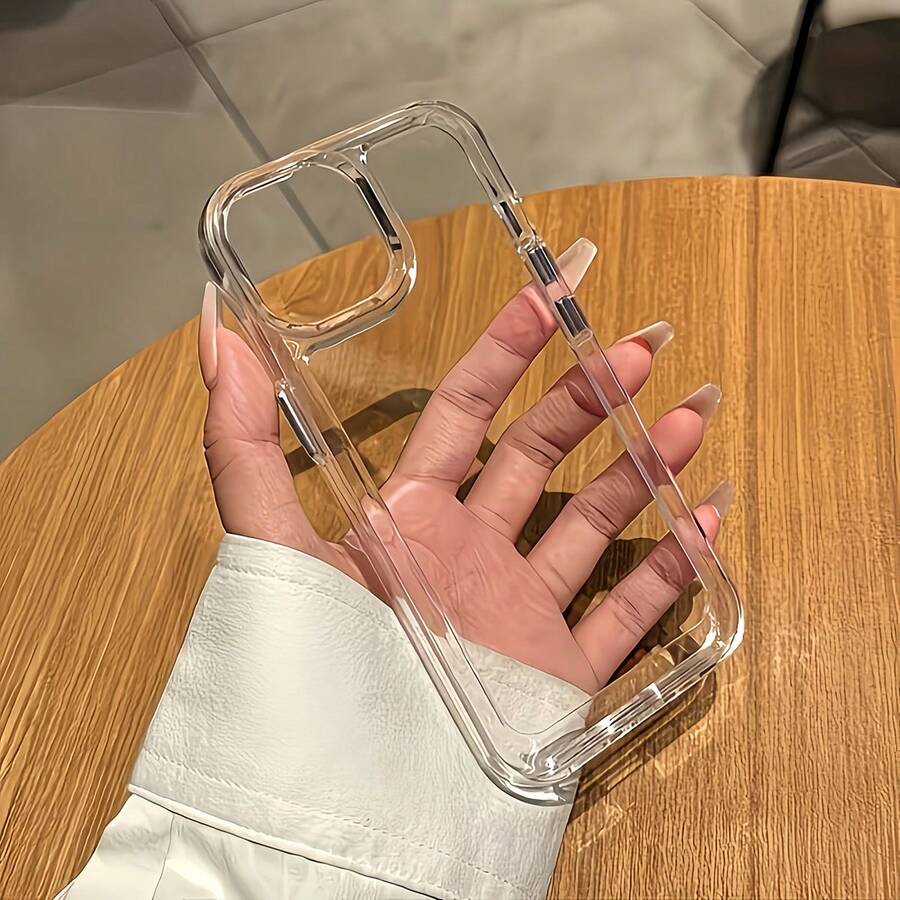 1pc Transparent Metal Button Space Case Phone Case, Personalized Fit For IPhone 16 Pro Max, 17/16/15/14 Plus/13/12/11, Protective Case - Clear - View 1