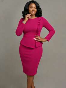 Vestido ajustado de longitud media con volantes para mujer, vestido casual elegante de unicolor, con volantes florales plisados, adecuado para el trabajo, el transporte, las fiestas, las bodas, la oficina, otoño/invierno - Rosa Fucsia - Ver 2