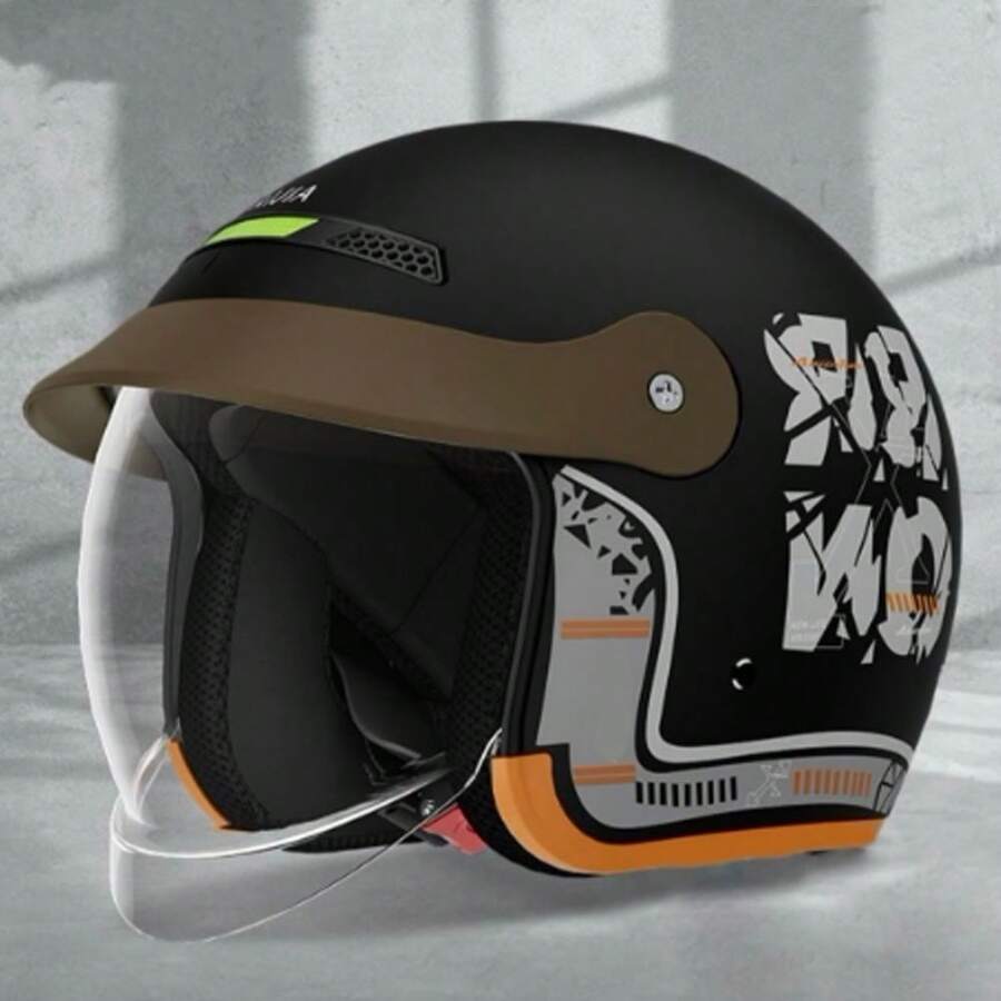 Casco de moto térmico de fibra de carbono brillante, casco abierto tipo media casco 4/3 unisex clásico vintage con visera desmontable, fibra de carbono sintética negra brillante - A - Ver 1