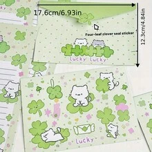 Bộ 5 phong bì hình mèo may mắn và cỏ ba lá (5 phong bì + 5 giấy viết thư), văn phòng phẩm viết tay, quà tặng kiểu INS cho bạn bè. - Bộ - Xem 5