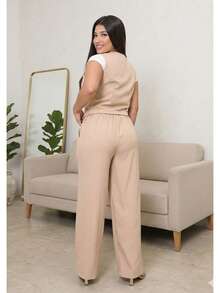 Women's Tailored Set: Vest And Wide-Leg Pants. Elegant, Casual, Chic, Modern, Conservative/Modest. Party/Fabric. Buttons Down The Front. Gathered Waist. Women's Formal Set. Office/Baby Shower/Formal And Evening. Holidays/Home/Summer, Spring And Autumn. - 米色 - 查看 6