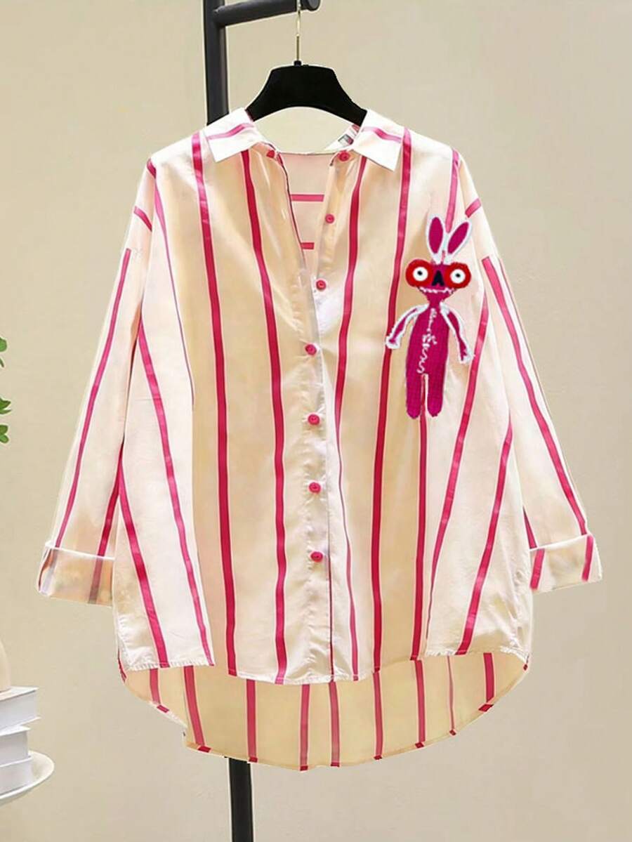 Designed Youthful Striped Contrast Button Front Short Back Long Embroidered Loose Casual Shirt, Long Sleeve Blouse Spring - Hot Pink - View 1