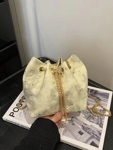 1个时尚纯色星月云朵印花抽绳水桶包，柔软珠光链条肩带，女士斜挎单肩手提包，迷你托特包，适合日常、休闲、购物、聚会、送礼。 - Butter Yellow - 查看 9