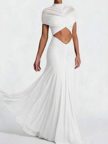 女士时尚长款修身网纱镂空优雅黑色鸡尾酒礼服，性感派对夜店夏季连衣裙 - 白色 - 查看 1