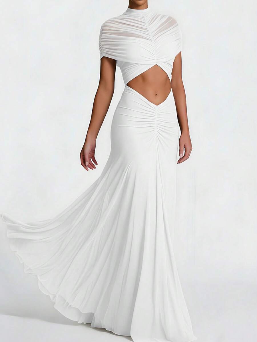 女士时尚长款修身网纱镂空优雅黑色鸡尾酒礼服，性感派对夜店夏季连衣裙 - 白色 - 查看 1