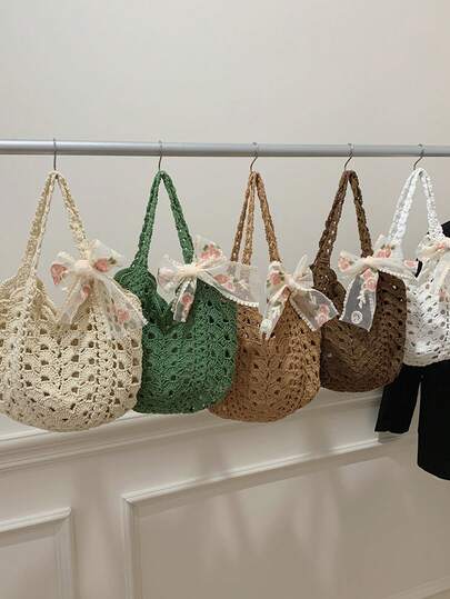 Rose Embroidery Lace Bow Tie Hollow Out Drawstring Tote Bag, Suitable For Vacation, Commute, Date, Shoulder Bag, Underarm Bag, Daily Outing Shoulder Bag