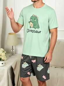 Men's Cartoon Dinosaur Print Short Sleeve Shorts Pajama Set, Summer - Multicolor - View 4