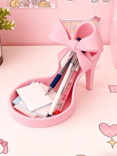 半件装高跟鞋造型首饰收纳托盘，优雅蝴蝶结造型戒指架及展示托盘，粉色桌面收纳盒，首饰展示架，首饰收纳，装饰托盘，设计优雅，塑料材质，适合居家卧室首饰收纳，送给女朋友的礼物