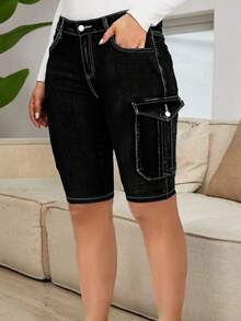 High Waisted Bermuda Jeans For Women, Cargo Denim Shorts Stretchy Butt Lifting Shorts With Multi-Pocket Design, Button Closure, Zipper Fly, Knee-Length Casual Bottoms For Daily Wear, Dating Looks, Travel,Sports,School - 黑色 - 查看 3