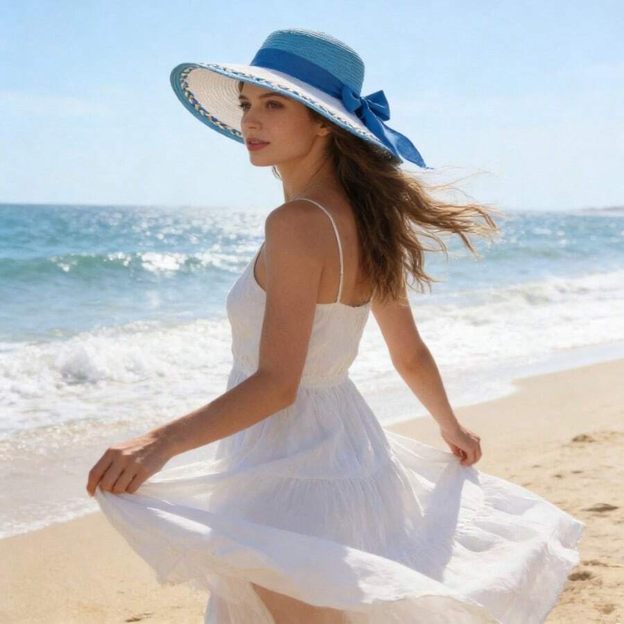 Stylish Straw Hat With Bowknot,Beach Hat,Hats For Women,Beach Hats For Women,Elegant Women's Sun Hat, Beach Sun Protection Hat, UV Protection Hat, Wide Brim Summer Sun Hat - Màu xanh nhạt - Xem 1