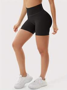 Quần short thể thao yoga co giãn cạp cao nữ, quần short đi biển nghỉ dưỡng thường ngày, chất vải thoải mái, quần nữ, đồ mặc dưới nữ, thời trang nữ - màu đen - Xem 4