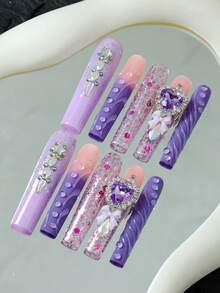 CrystalHola 10pcs Handmade Extra Long Acrylic Square Nail Stickers, Purple Nails, Y2K Style, Ballet Style, Minimalist, Heart Diamond Design, Full Coverage, Removable & Reusable, Durable, Unique Summer Nail Art, Essential Fashion Accessory For Parties & Weddings - Multicolor - View 2