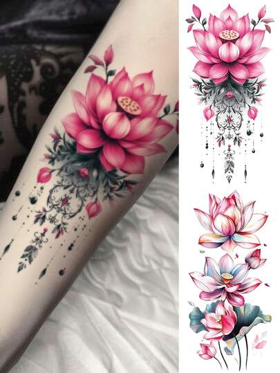 2 Sheets Big Size Body Art Temporary Tattoo Stickers For Women, Pink Flowers Lotus Mixed Pattern, Waterproof Fake Tattoo, Lasts 2-5 Days, Covering Scars,Can Be Used On Arms Wrist Shoulders Legs Waist Neck Hand Chest Thighs Finger Ankle, Suitable For Parties, Gifts, Vacations, Body Decoration