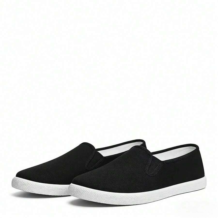 Black Canvas Slip-On Shoes, Lightweight Breathable Casual Slip-On Design, Suitable For All Seasons, Daily Commute, Outdoor Walking, Vacation