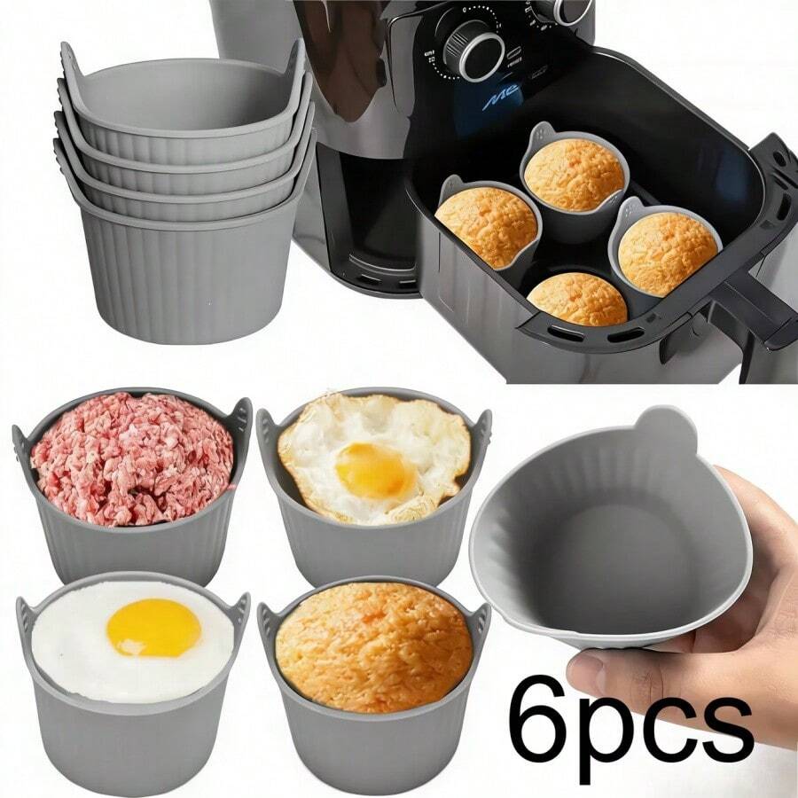 6pcs/Set Multi-Function Air Fryer Baking Cups, Non-Stick Round Muffin/Pie Molds, Reusable, Evenly Heated And Easy Release, Striped Texture Design, Suitable For Cake Making