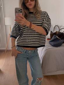 2026夏季新款女士黑白条纹针织衫，常规长度短袖圆领，休闲日常及旅行穿着 - 條紋 - 查看 6