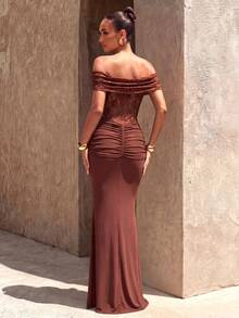 Off-Shoulder Short Sleeve Waist-Cinching Lace Knit Cocktail Dress - Brown - View 4