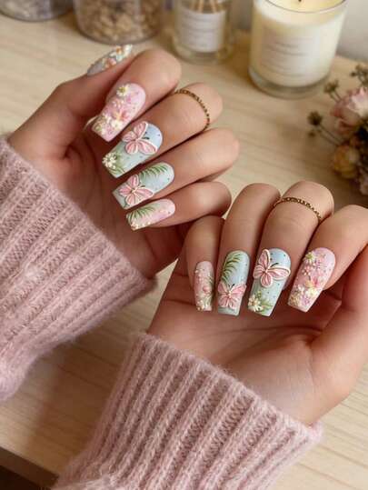 Medium-Long Mixed Color Butterfly 24pcs False Nails, Elegant & Fashionable Nail Stickers, Removable For Daily, Party, Vacation Wear