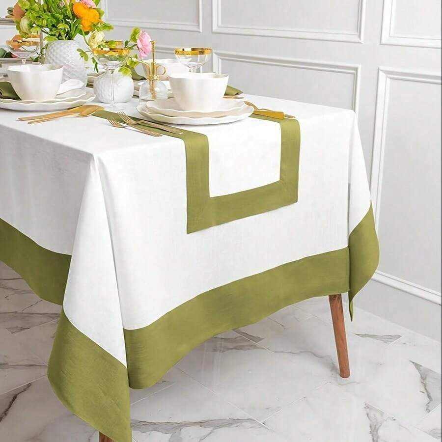 1pc Line Home Linen Tablecloth For Rectangle Tables - Striped White & Olive Green Design, Machine- Durable Fabric, Easy-Care Kitchen & Dining Table Cover (51x51\/51x70\/56x83\/56x103 Inch), Rectangular Tablecloth, Summer Tableware, Modern Tabletop, Highquality Textile, Dinner Party Hosts - Nhiều màu - Xem 1