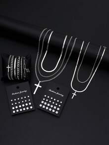 17KM 59pcs Minimalist Punk Hip-Hop Cross Necklace, Bracelet, Ring, Zirconia Stud Earrings Jewelry Set, Gift For Men For Date, Vacation, Daily Wear - Silver - View 5