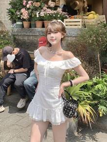 Đầm ngắn dáng chữ A tay ngắn màu trắng có bèo nhún dành cho nữ, thích hợp cho mùa xuân/hè. - trắng - Xem 3