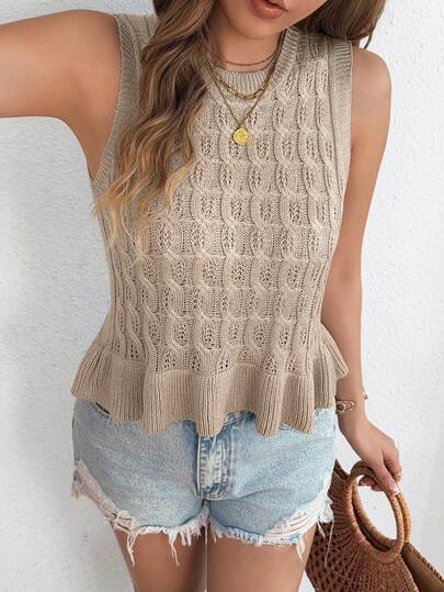 Áo vest nữ không tay dệt kim kiểu retro dễ thương, bèo nhún, thích hợp cho mùa xuân/hè.