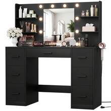 43.3 In. W X 17.7 In. D X 51.4 In. H Makeup Vanity Desk With LED Lighted Mirror & Charging Station, 7 Drawers Dressing Table With Open Shelves & Hair Dryer Holder, 3 Color Lighting Modes - Black - View 3