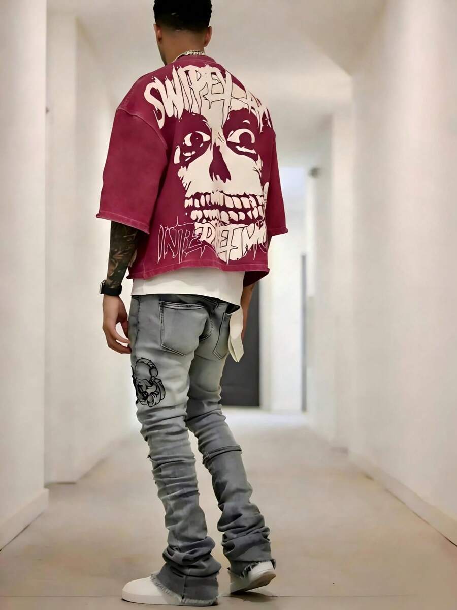 Y2KStyleDirectionalPrintingCottonT-ShirtSoftBreathablePureCottonFabricComfortableAndEnergeticSummerStreetStyleShortSleevedTShirgnRetroSummerWearTShirt - 玫紅色 - 查看 1