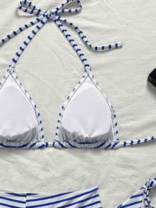 Bộ đồ bơi tankini 3 mảnh dành cho nữ, cổ yếm, kẻ sọc, kèm váy, vải kẻ sọc trắng xanh, đáy quần buộc dây bên hông, kiểu dáng bãi biển gợi cảm kiểu Mỹ, thích hợp cho mùa hè đi biển, bơi lội, kỳ nghỉ suối nước nóng. - Nhiều màu - Xem 8