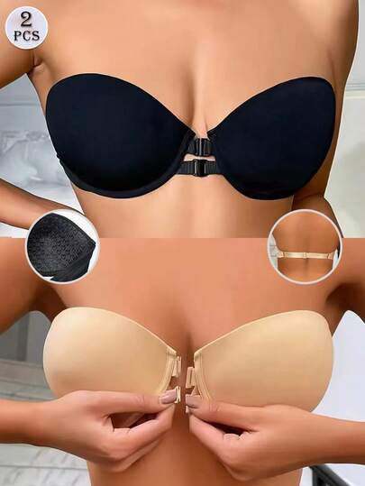 Bộ 2 áo ngực không dây cho nữ, màu đen + màu da, cài trước, có gọng, nâng đỡ và làm nổi bật vòng một, kiểu dáng trái tim, chống trượt.
