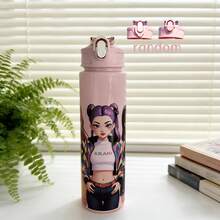 1pc Korean Girl Group Cartoon Pattern Water Bottle, Outdoor Sports Water Cup With Straw, Portable With Wrist Strap - Multicolor - View 12