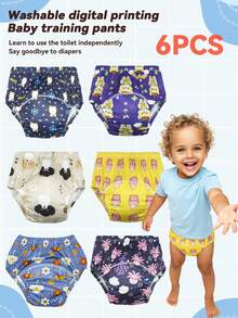 6条装可水洗数码印花如厕训练裤，男女宝宝通用可重复使用如厕学习内裤 - 黃底冰淇淋 - 查看 1