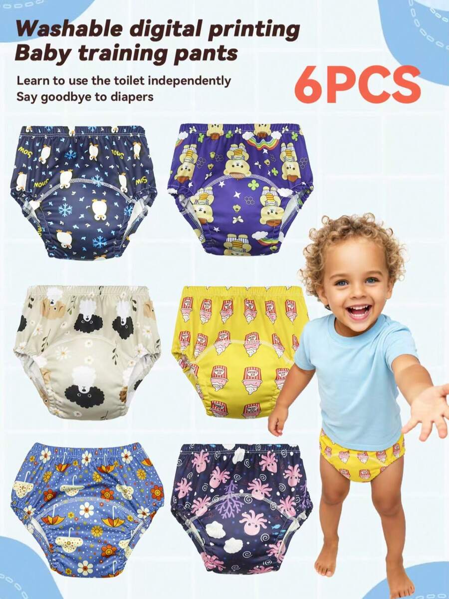 6条装可水洗数码印花如厕训练裤，男女宝宝通用可重复使用如厕学习内裤 - 黃底冰淇淋 - 查看 1
