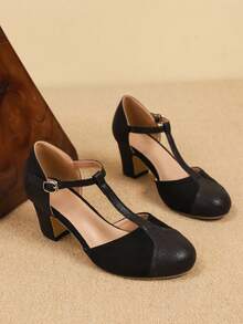 Spring And Summer Style, T-Strap With Openwork Pin Buckle For Easy Wear, Color-Blocked Round Toe, Chunky Heel Rubber Sole, Retro, Elegant And Fashionable,Women's Chunky Heel Mary Jane High Heels, Suitable For Party/Wedding/Christmas/Autumn And Winter/Dating/Vacation/Business/Prom/Concert/Dress/Daily Wear - màu đen - Xem 4